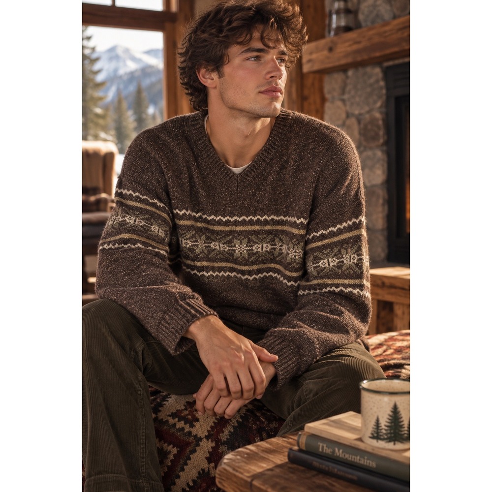 Lawton Harbor Mens XL Brown Silk Blend Fair Isle Snowflake V-Neck Sweater